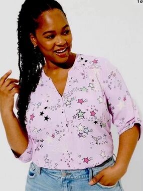 Torrid Top 2 Lavender Harper Tab Sleeve Shirt Blouse Cosmic Stars Whimsigoth 2X
